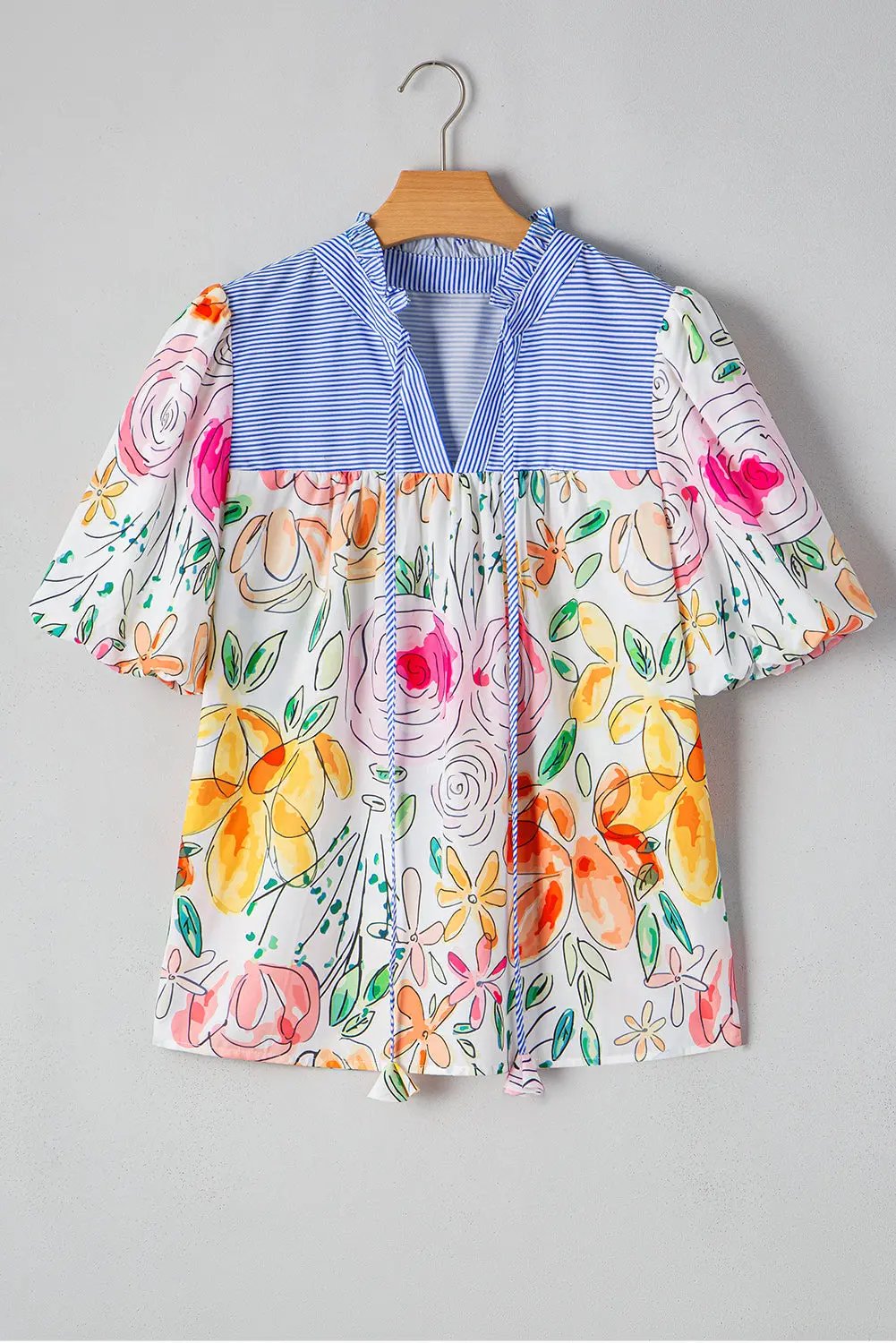Cameron Floral Striped Yoke Blouse with Puff Short Sleeves and Frilled V Neck - Love Salve